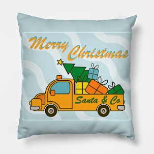 Greeting card with lettering front on yellow Santa truck, presents and Christmas tree Pillow
