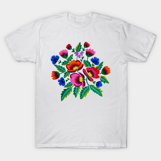 Grandmommy Flowering Bouquet - Poppies Centaurea Violet - Green Leaves - Blossom - Satin Stitch Embroidery - Colorful Wild Flower - Grandmommy Flowering Bouquet Poppies - T-Shirt