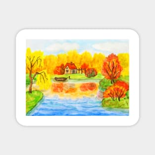 Autumn landscape with house  on lake Magnet