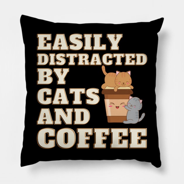 Easily Distracted by Cats and Coffee Pillow by Deliciously Odd