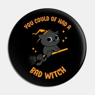 Halloween Kitty! You Could of had a Bad Witch! Black & Orange Funny Cat on a Flying Broom Witchy Stars October Love Pin