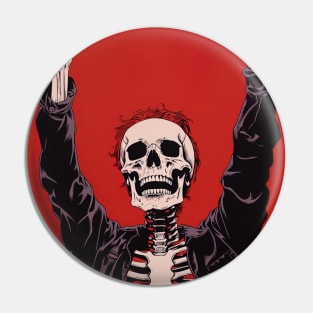 CHILL DUDE - skeleton holding hands in the air on red background Pin