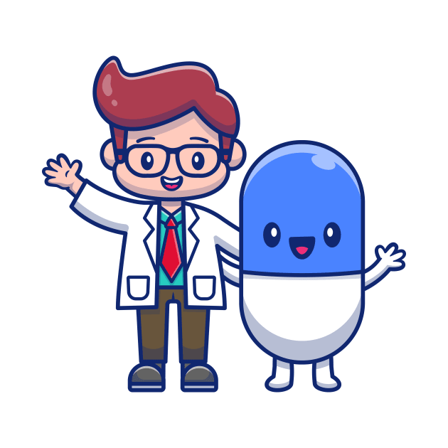 Cute Doctor With Capsule Medicine Cartoon Vector Icon Illustration by Catalyst Labs