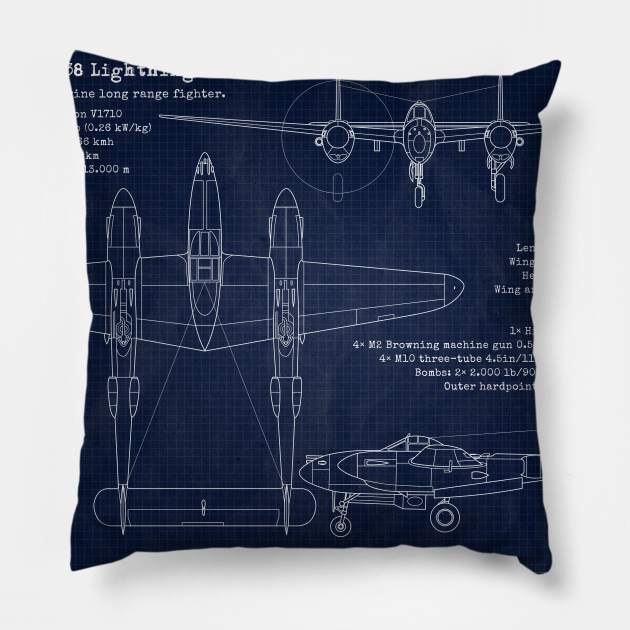 P38 Lightning Blueprint Pillow by Aircraft.Lover