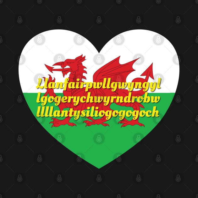 Llanfairpwllgwyngyllgogerychwyrndrobwllllantysiliogogogoch Wales UK Wales Flag Heart by DPattonPD