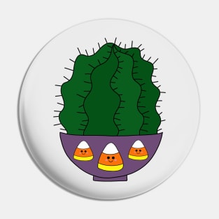 Cute Cactus Design #111: Barrel Cactus In Halloween Candy Corn Bowl Pot Pin