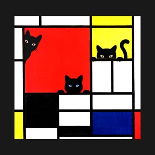 Mondrian Cats Composition with Red, Yellow, Blue, and Black T-Shirt