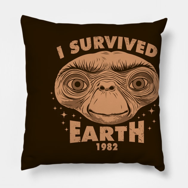 I Survived Earth Funny 80's Alien Movie Meme Pillow by BoggsNicolas