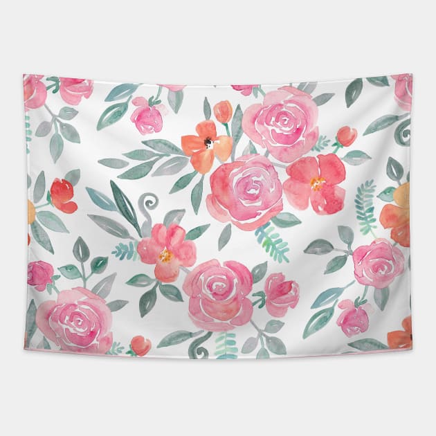 Amelia Floral in Pink and Peach Watercolor Tapestry by micklyn