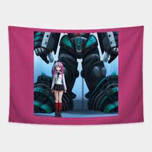 Anime Girl with Giant Battle Robot Tapestry