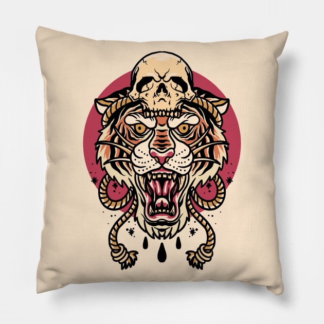 Vintage Tiger Illustration with Skull Pillow by SLAG_Creative