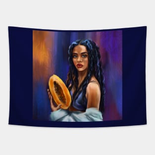 African woman portrait with papaya. Tropical digital oil art Tapestry