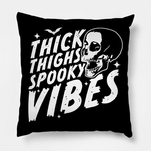 Thick Thighs Spooky Vibes Funny Halloween Skull Pillow by OrangeMonkeyArt