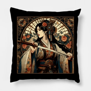 Chinese Sword Fighter in an Art Deco Style Pillow