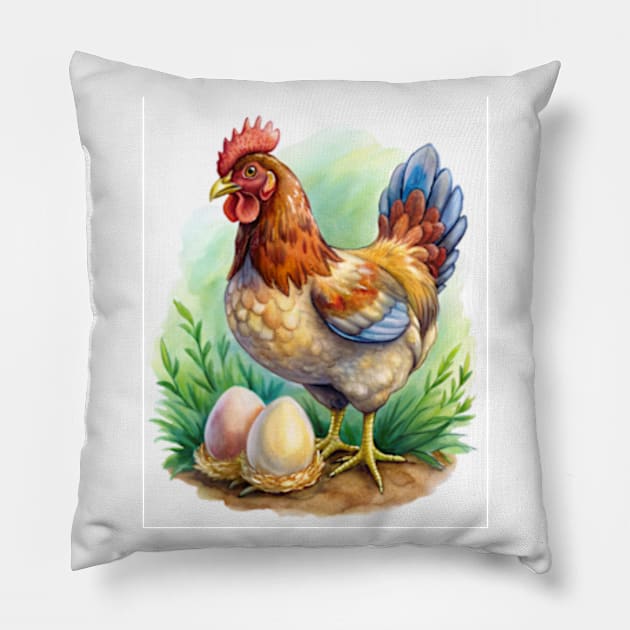 Watercolor Egger Chicken with Eggs Pillow by Joker Dads Tee