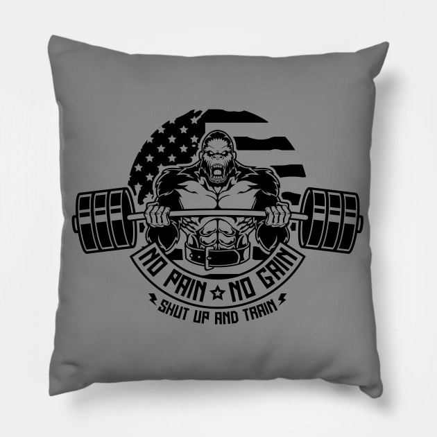 NO PAIN NO GAIN GORILA Pillow by MuscleTeez