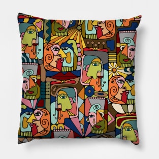 Cubist Picasso Style Faces In Mid Century Modern Colors Pillow