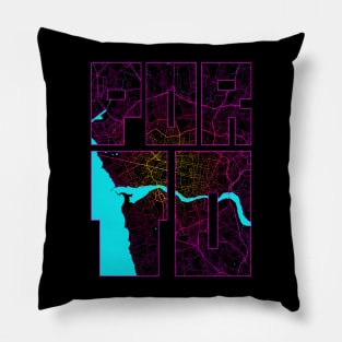 Porto, Portugal City Map Typography - Neon Pillow