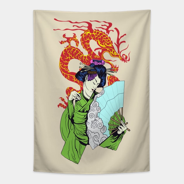 Geisha With Dragon Tapestry by MarinasingerDesigns