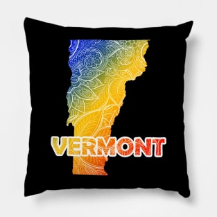 Colorful mandala art map of Vermont with text in blue, yellow, and red Pillow