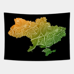 Colorful mandala art map of Ukraine with text in green and orange Tapestry