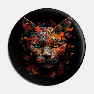 Cat Autumn Leaves Art - Colourful Eyes Cat Motif Pin