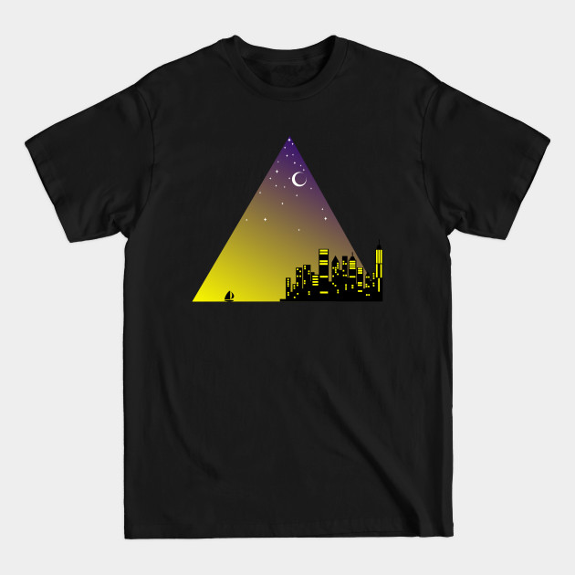 Discover TRIANGLE, SUNSET AND CITY SKYLINE WITH NIGHT FALLING AND STARRY SKY - Sunset City - T-Shirt