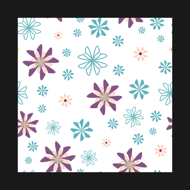 Geometric flowers in teal and purple on white background by MegMarchiando