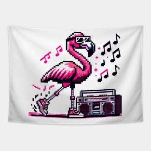 Retro Flamingo Rhythm - 8-Bit Tropical Boombox Design Tapestry