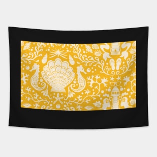 yellow summer beach damask pattern with seashells Tapestry