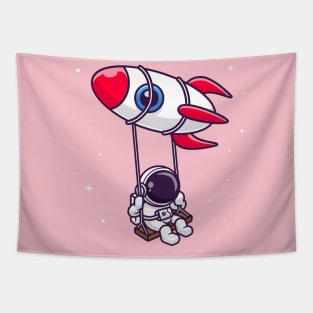 Cute Astronaut Swing On Rocket Cartoon Tapestry