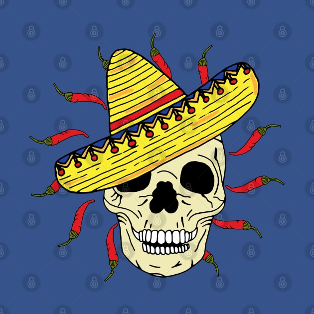 Skeleton Skull Wearing Sombrero with Chillies by HotHibiscus