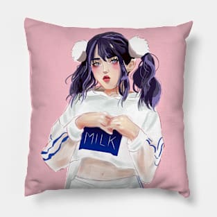 Cute Girl in Milk Outfit Illustration Pink BG Pillow