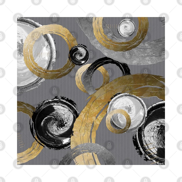 Modern Abstract Rings and Swirl Circles Black Grey Dirty Gold by NaturalDesign