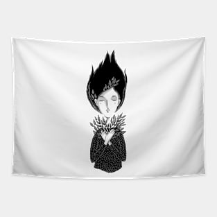 Beautiful dreamy spring girl black and white graphics digital" Tapestry