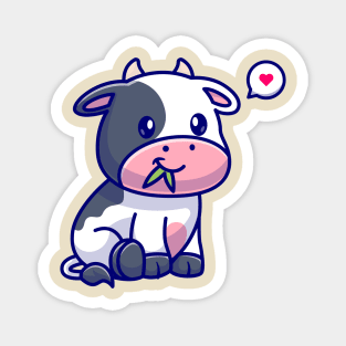Cute Cow Sitting And Eating Grass Cartoon Magnet