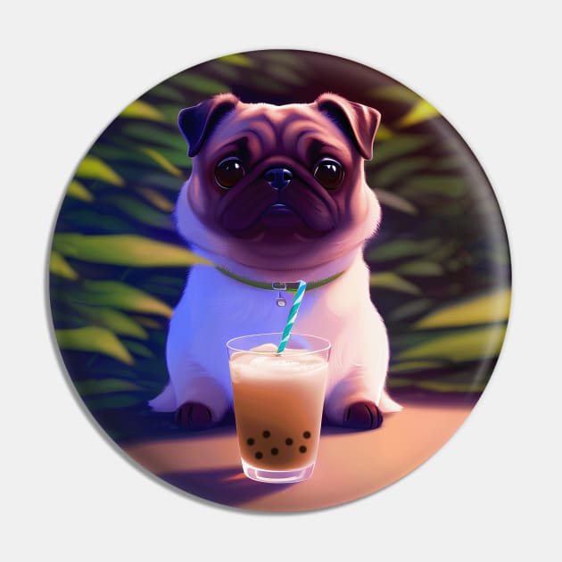 Pug with boba bubble tea Pin by akwl.design