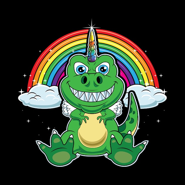 Unicorn T rex in magical rainbow sky- Funny dinosaur by tmuzaa