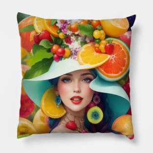 А woman with a white hat and some colorful fruity Pillow