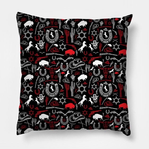 Cowboy wild west western pattern vintage style red - white Pillow by emmjott