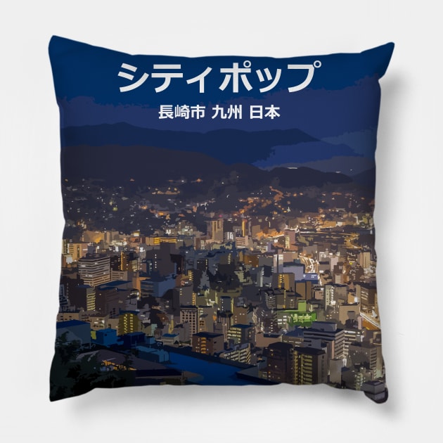 Japanese city pop art - Nagasaki city Kyushu Japan in Japanese language NIGHT Pillow by FOGSJ