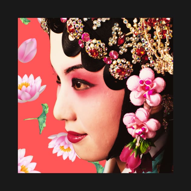 Chinese Opera Star with Lotus Flowers Coral - Hong Kong Retro by CRAFTY BITCH