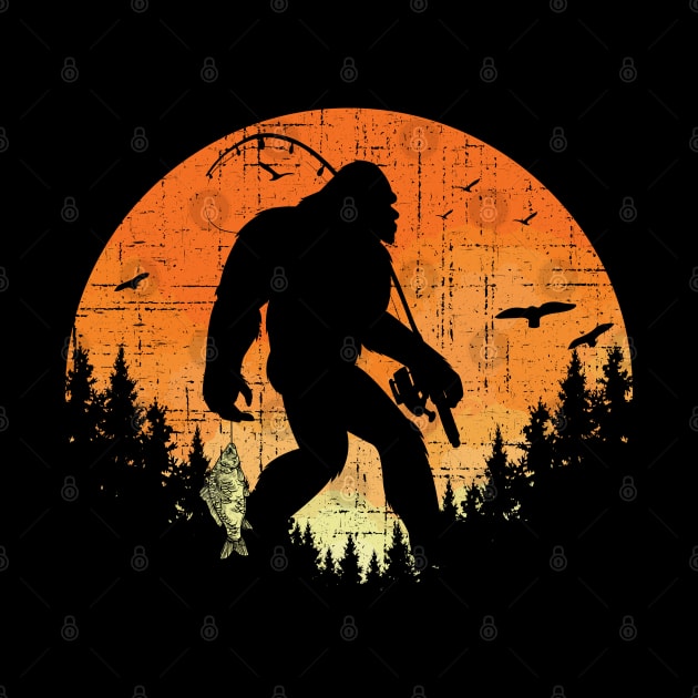 Fishing Bigfoot Sunset - Retro Bigfoot by Tesszero