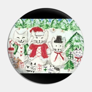 Kitty cat snowmen Christmas  holiday art Pin