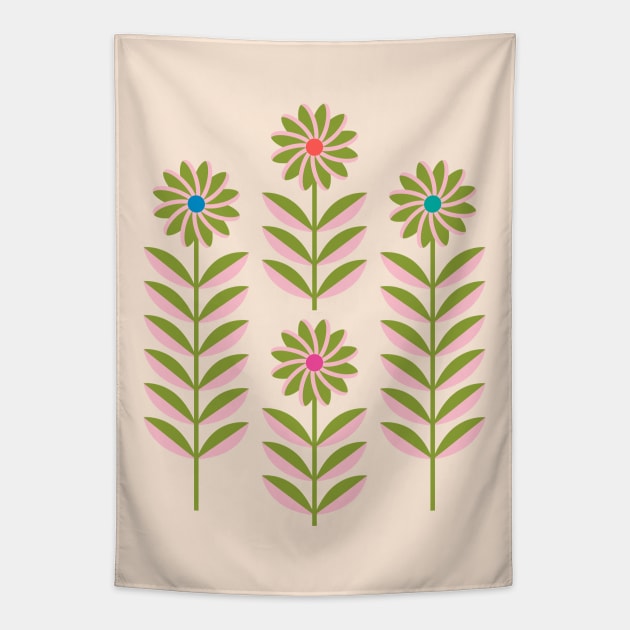 LOVE ME LOVE ME NOT Folk Art Mid-Century Modern Scandi Floral in Pink and Green on Cream - UnBlink Studio by Jackie Tahara Tapestry by UnBlink Studio by Jackie Tahara