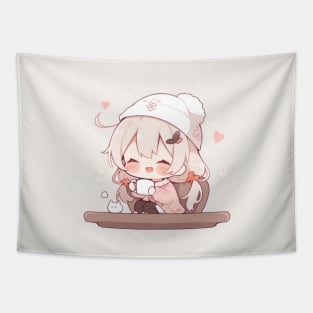 chibi girl drink coffee Tapestry