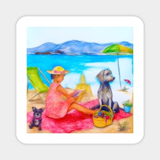 Girl and dogs on the beach, pencil drawing Magnet