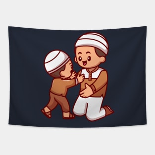 Father And Son Moslem Celebrating Eid Mubarak Cartoon Tapestry