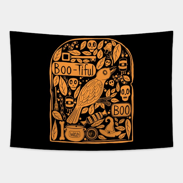 Tombstone Halloween Doodle Orange Tapestry by Scriptnbones