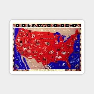 Vintage United States of America Travel Bureau Map, See America Magnet